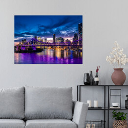 Plakat Panorama miasta Brisbane w Australii rozświetlona purpurowymi światłami