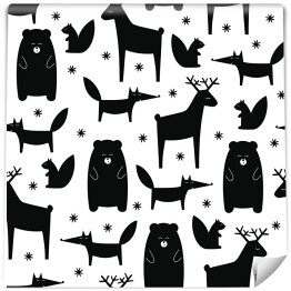 Tapeta samoprzylepna w rolce Czarno-białe zwierzęta leśne - jeleń, lis, niedźwiedź, wiewiórka 