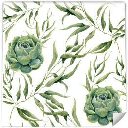 Tapeta samoprzylepna w rolce Zielone kwiaty i liście na białym tle