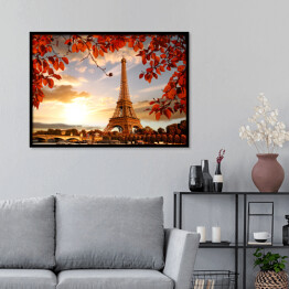 Plakat w ramie Wieża Eiffla - kompozycja z jesiennymi liśćmi 