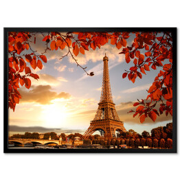 Plakat w ramie Wieża Eiffla - kompozycja z jesiennymi liśćmi 