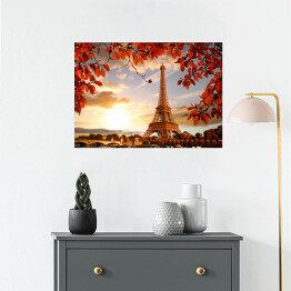 Plakat Wieża Eiffla - kompozycja z jesiennymi liśćmi 