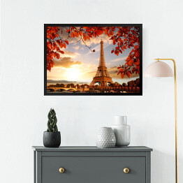 Obraz w ramie Wieża Eiffla - kompozycja z jesiennymi liśćmi 