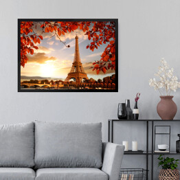 Obraz w ramie Wieża Eiffla - kompozycja z jesiennymi liśćmi 