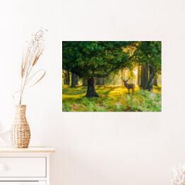 Plakat samoprzylepny Jeleń w lesie o świcie