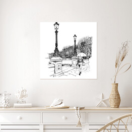 Plakat samoprzylepny Paryski Nowy Most z zabytkowymi latarniami w deszczu