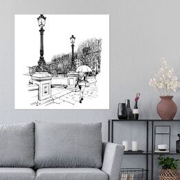 Plakat samoprzylepny Paryski Nowy Most z zabytkowymi latarniami w deszczu