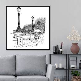Plakat w ramie Paryski Nowy Most z zabytkowymi latarniami w deszczu
