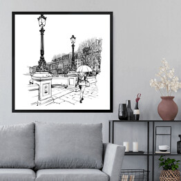 Obraz w ramie Paryski Nowy Most z zabytkowymi latarniami w deszczu