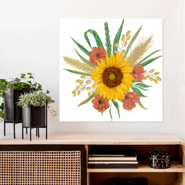Plakat samoprzylepny Słonecznik, jęczmień, pszenica, żyto, mak - kompozycja