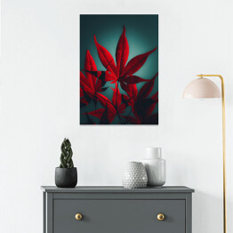 Plakat Czerwony liść na niebieskim rozświetlonym tle