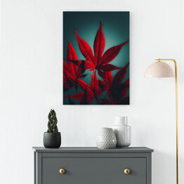 Obraz na płótnie Czerwony liść na niebieskim rozświetlonym tle