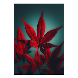 Plakat samoprzylepny Czerwony liść na niebieskim rozświetlonym tle