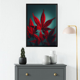 Obraz w ramie Czerwony liść na niebieskim rozświetlonym tle