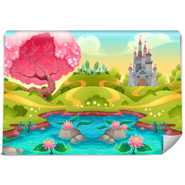Fototapeta Fantazyjny krajobraz z zamkiem i różowym drzewem