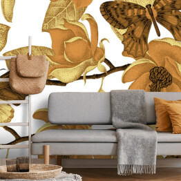 Kwiaty magnolii i motyle w barwach starego złota