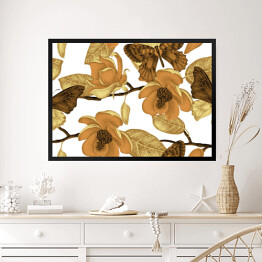 Obraz w ramie Kwiaty magnolii i motyle w barwach starego złota