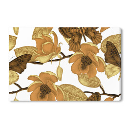 Obraz na płótnie Kwiaty magnolii i motyle w barwach starego złota