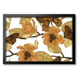 Obraz w ramie Kwiaty magnolii i motyle w barwach starego złota