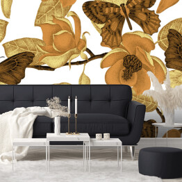 Fototapeta winylowa zmywalna Kwiaty magnolii i motyle w barwach starego złota