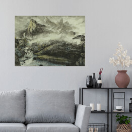 Plakat samoprzylepny Chińskie góry, wodospad i mały dom
