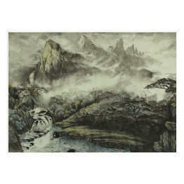 Plakat Chińskie góry, wodospad i mały dom