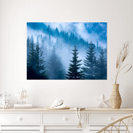 Plakat Sosnowy las w niebieskiej mgle