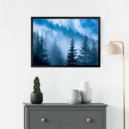 Obraz w ramie Sosnowy las w niebieskiej mgle