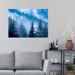 Plakat samoprzylepny Sosnowy las w niebieskiej mgle