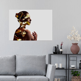 Plakat samoprzylepny Podwójna ekspozycja kobiety i jesiennych liści klonu