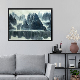 Obraz w ramie Chiński halny, jezioro i łódź