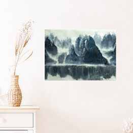 Plakat Chiński halny, jezioro i łódź