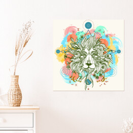 Plakat samoprzylepny Biało zielona głowa lwa na tęczowym tle