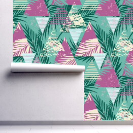 Tapeta winylowa zmywalna w rolce Geometryczne wzory z palmowymi kolorowymi liśćmi