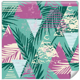 Tapeta winylowa zmywalna w rolce Geometryczne wzory z palmowymi kolorowymi liśćmi