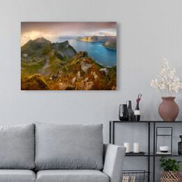 Obraz na płótnie Panoramiczny widok na góry nad zatoką, Norwegia