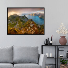 Plakat w ramie Panoramiczny widok na góry nad zatoką, Norwegia