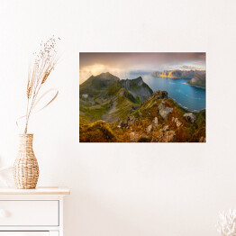Plakat Panoramiczny widok na góry nad zatoką, Norwegia