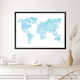 Obraz w ramie Błękitny szkic mapy świata