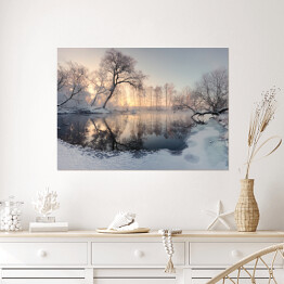 Plakat Zimowe słońce oświetlające mroźne drzewa rano