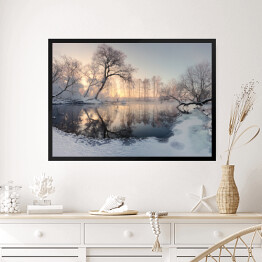 Obraz w ramie Zimowe słońce oświetlające mroźne drzewa rano