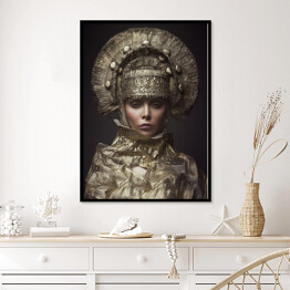 Plakat w ramie Kobieta w stylowym makijażu i fantazyjnym nakryciu głowy