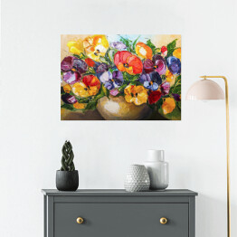 Plakat Wielobarwne kwiaty w wazonie - obraz olejny