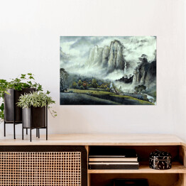 Plakat Chiński krajobraz - zamglone góry i wodospad