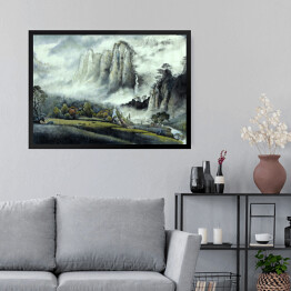 Obraz w ramie Chiński krajobraz - zamglone góry i wodospad