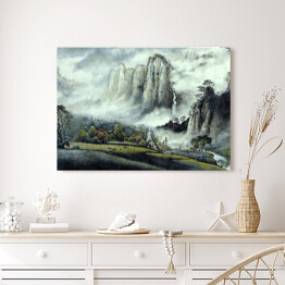 Obraz na płótnie Chiński krajobraz - zamglone góry i wodospad