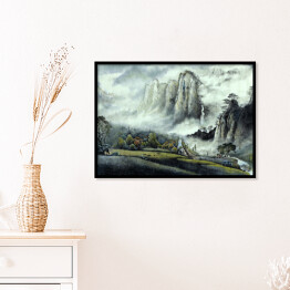 Plakat w ramie Chiński krajobraz - zamglone góry i wodospad