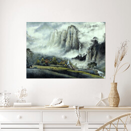 Plakat samoprzylepny Chiński krajobraz - zamglone góry i wodospad