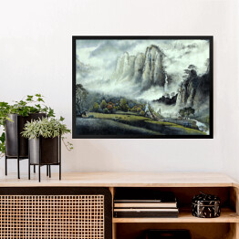 Obraz w ramie Chiński krajobraz - zamglone góry i wodospad