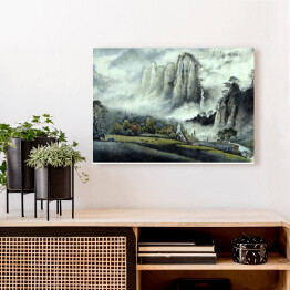 Obraz na płótnie Chiński krajobraz - zamglone góry i wodospad